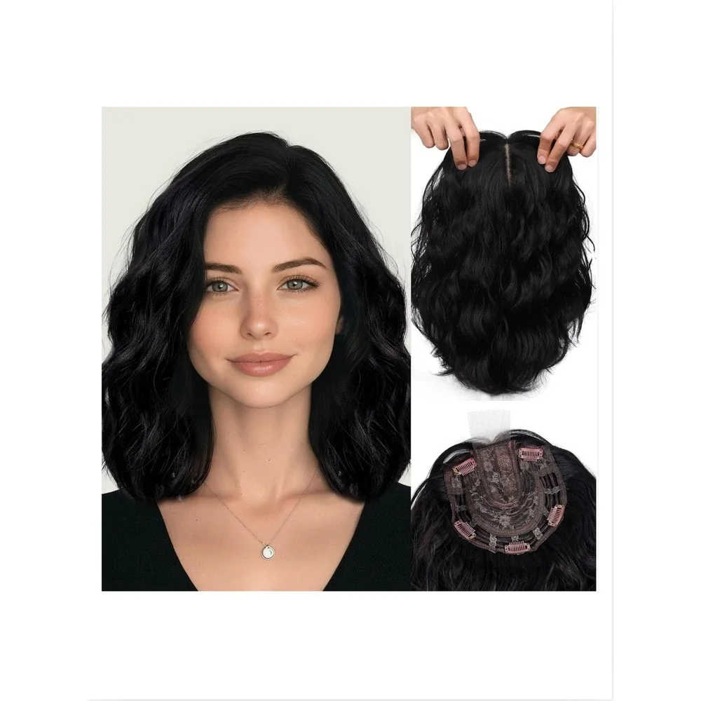 LEEONS 11 Inch Short Wavy Hair Topper 6.5x6.5 Base Synthetic Natural Black 1B